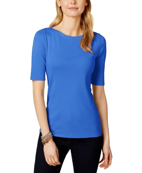 Charter Club Petite Elbow-Sleeve Boat-Neck Pima Cotton Tee