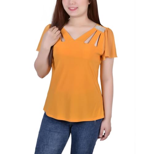 Petite Size Short Flutter Sleeve Top With Cutouts Stones