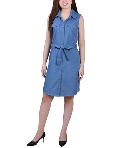 Petite Sleeveless Belted Denim Dress