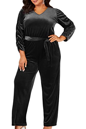 NY Collection Plus Size Belted Velvet Jumpsuit