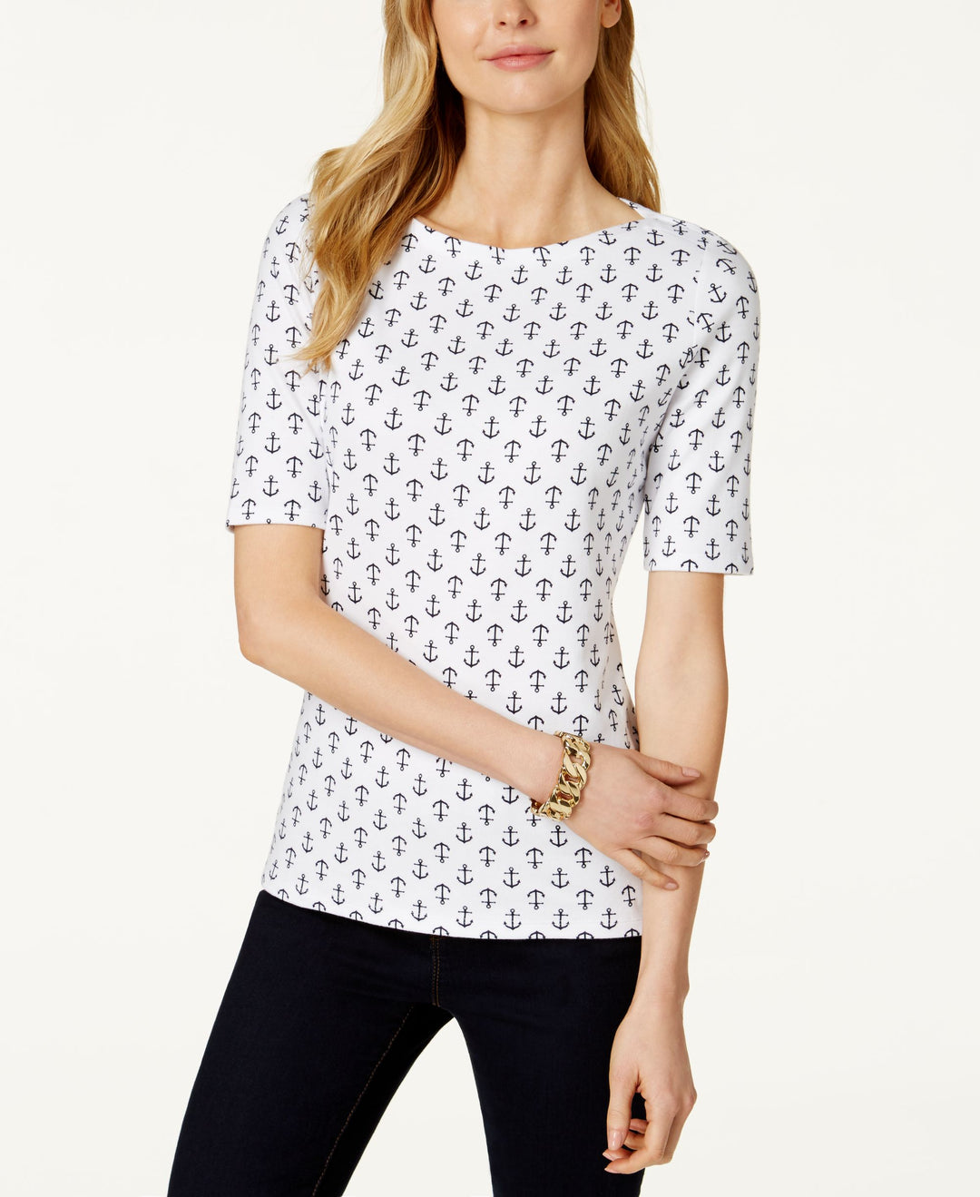 Charter Club Petite Elbow-Sleeve Anchor-Print T-Shirt