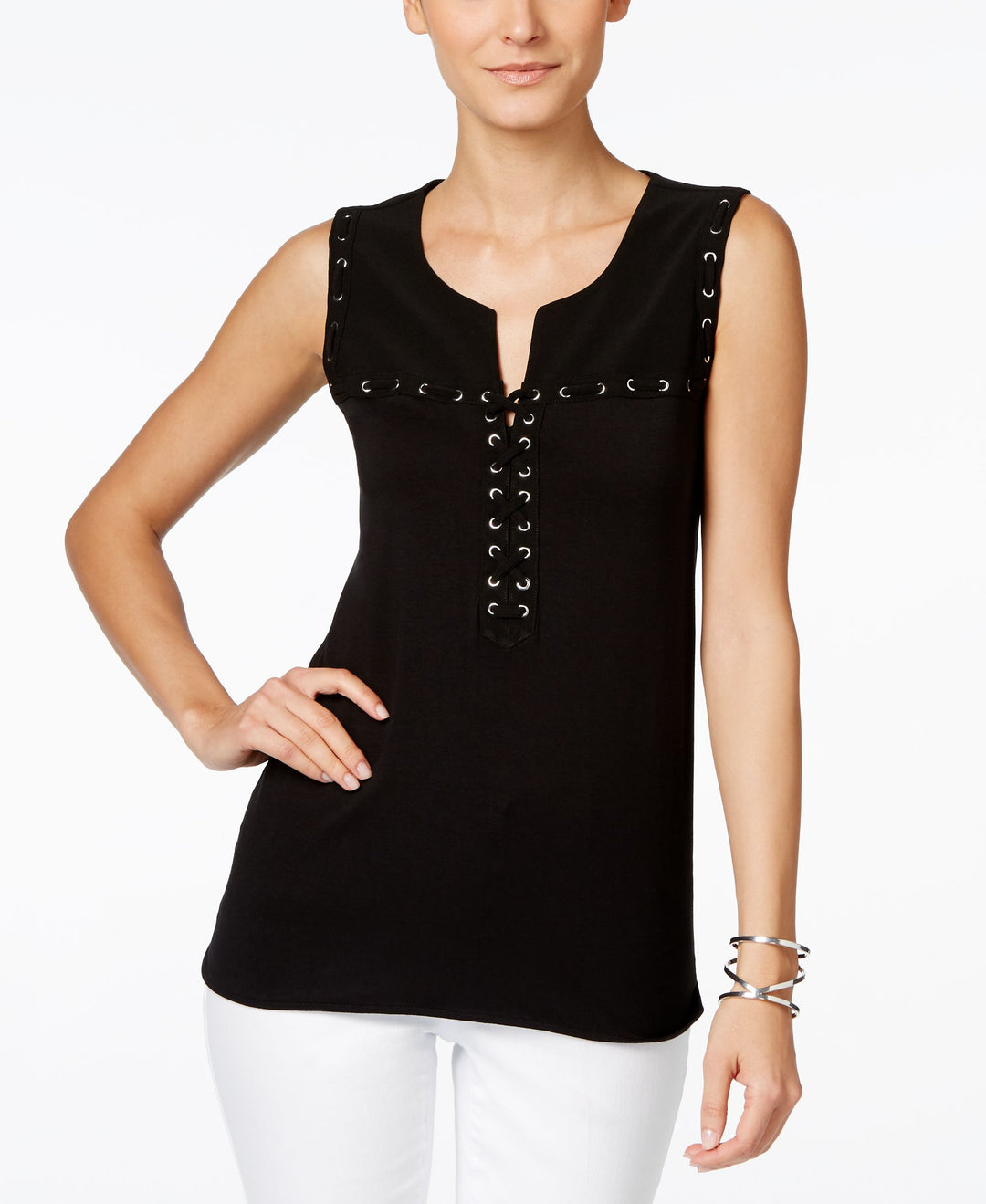 Inc International Concepts Petite Embellished Keyhole Peasant Blouse