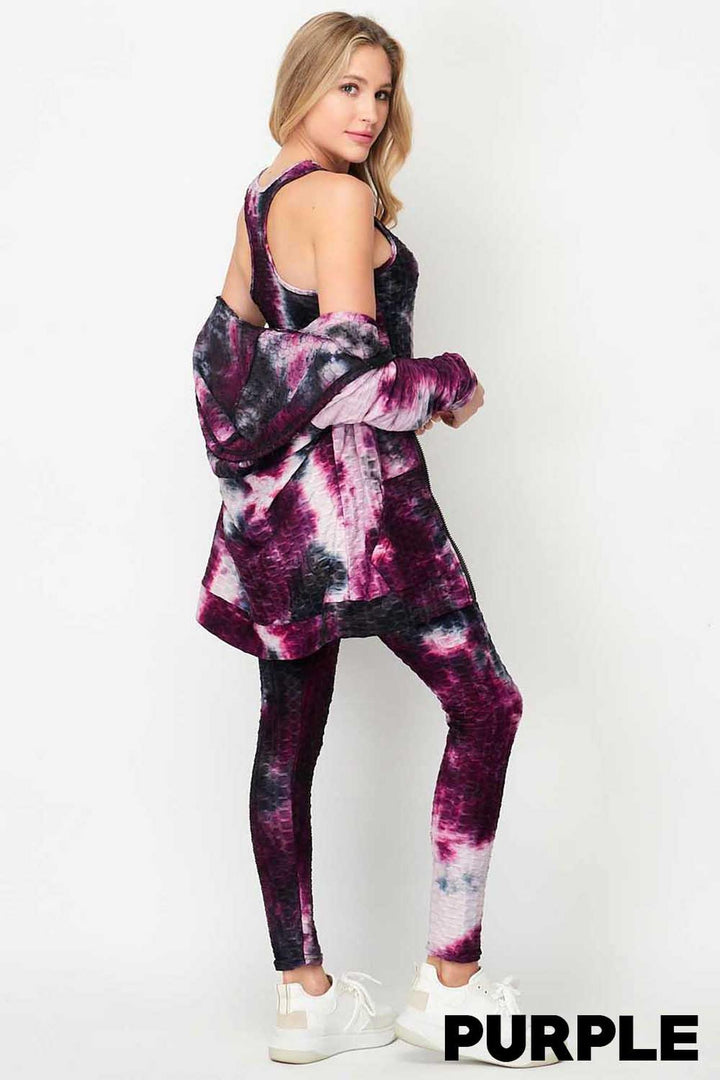 Tie Dye 3 Piece Textured Scrunch Butt Leggings Tank Top and Hoodie Jacket Set