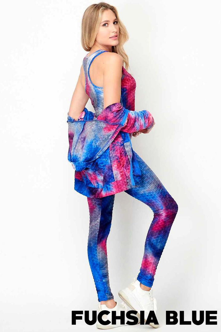 Tie Dye 3 Piece Textured Scrunch Butt Leggings Tank Top and Hoodie Jacket Set