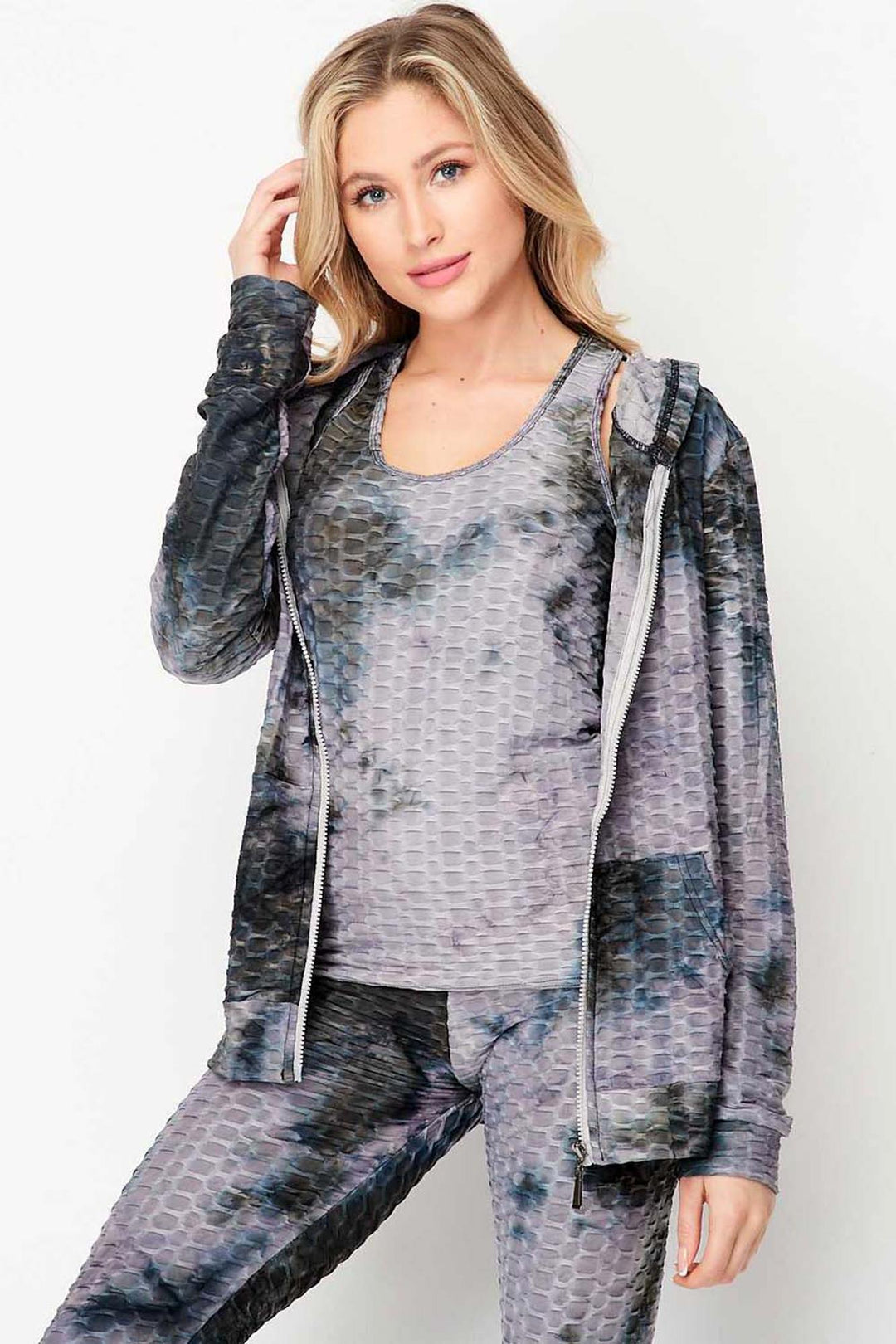 Tie Dye 3 Piece Textured Scrunch Butt Leggings Tank Top and Hoodie Jacket Set