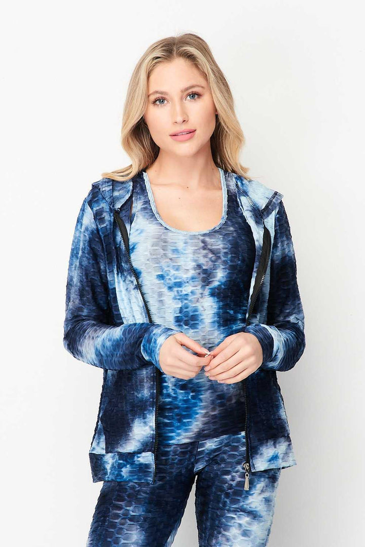 Tie Dye 3 Piece Textured Scrunch Butt Leggings Tank Top and Hoodie Jacket Set