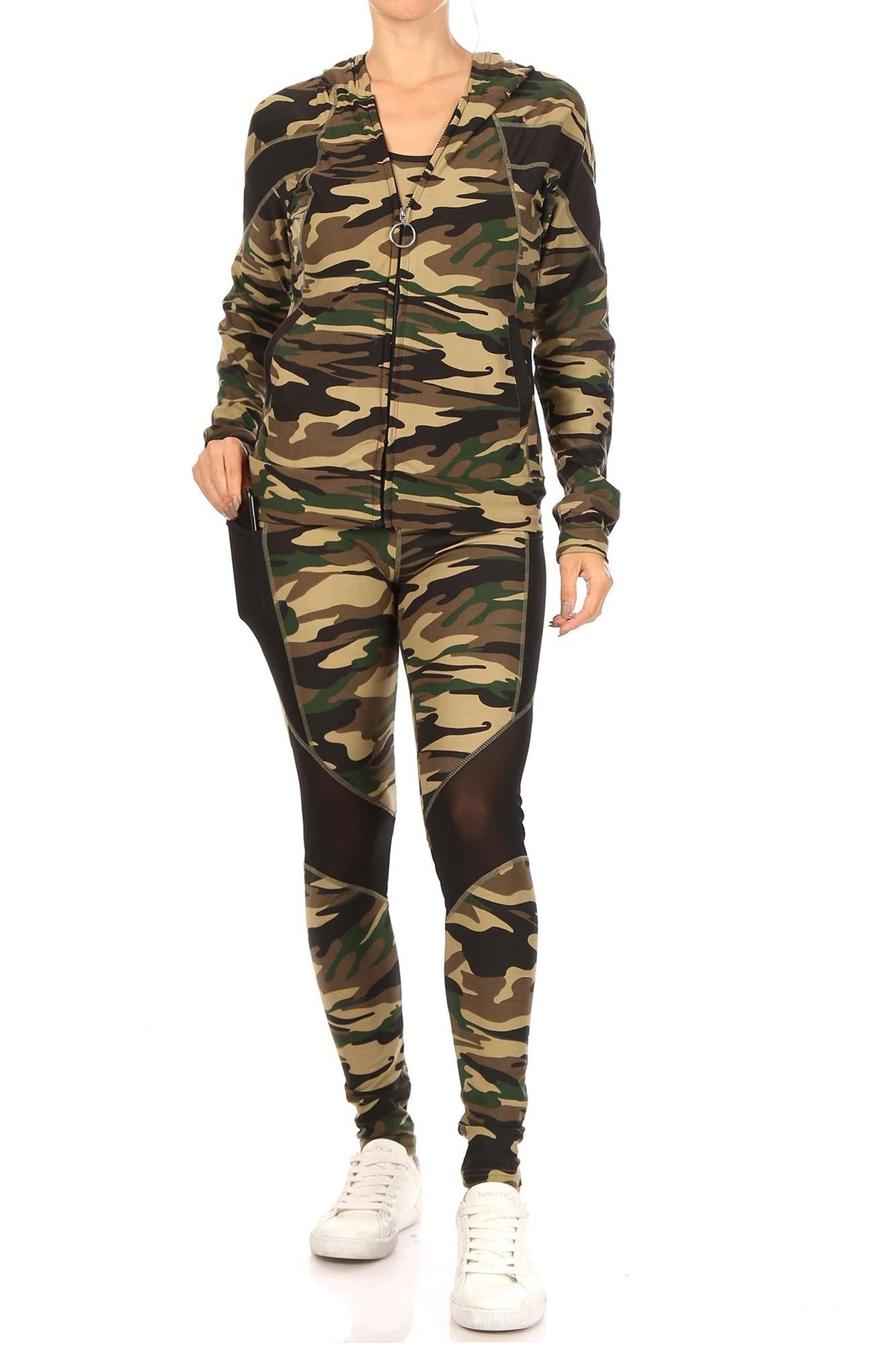 3 Piece Green Camouflage Mesh Mix Leggings Crop Top and Hooded Jacket Set
