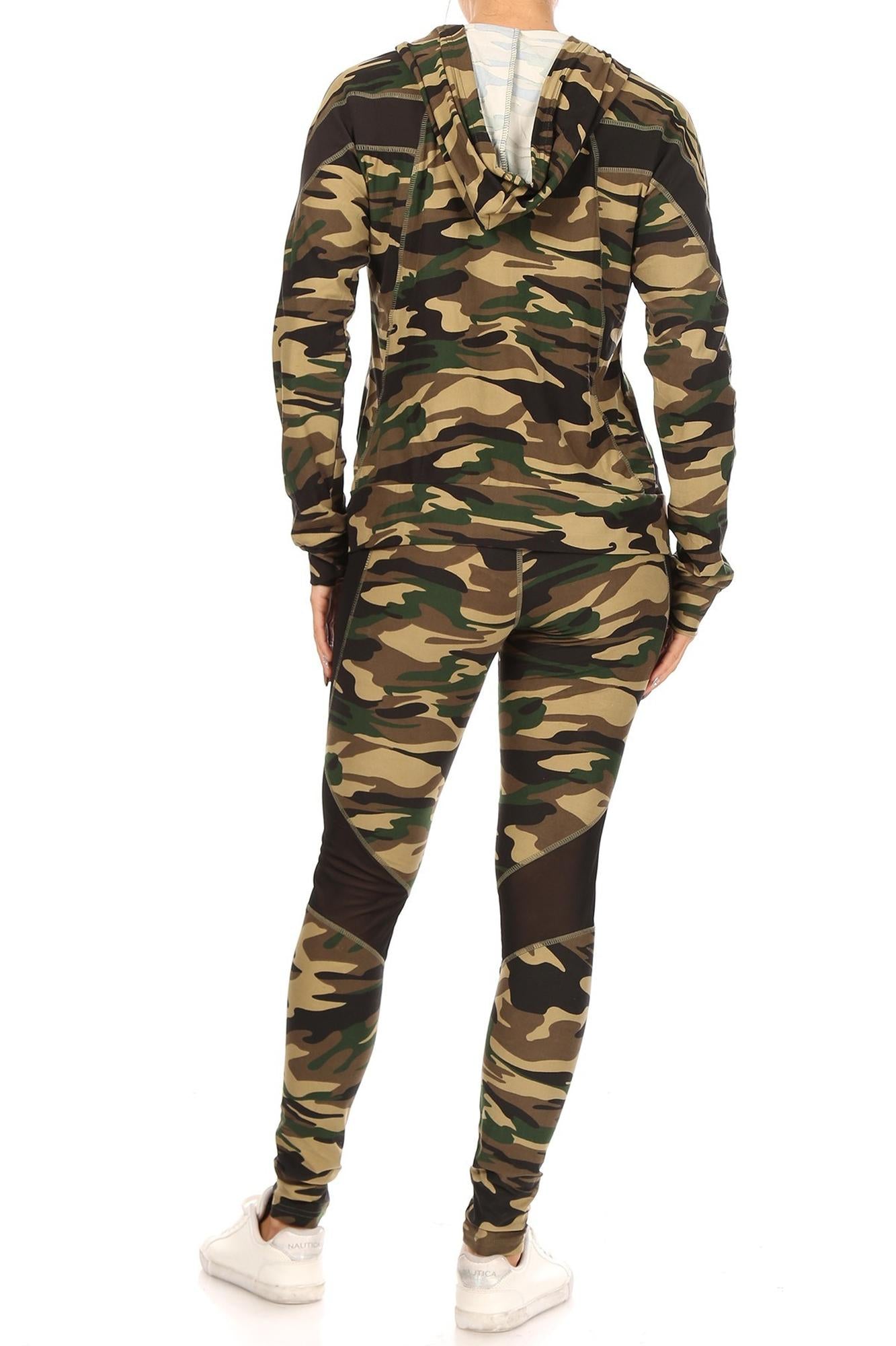 3 Piece Green Camouflage Mesh Mix Leggings Crop Top and Hooded Jacket Set