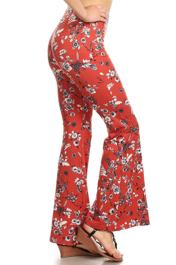 Buttery Soft Red Summer Floral Bell Bottom Leggings