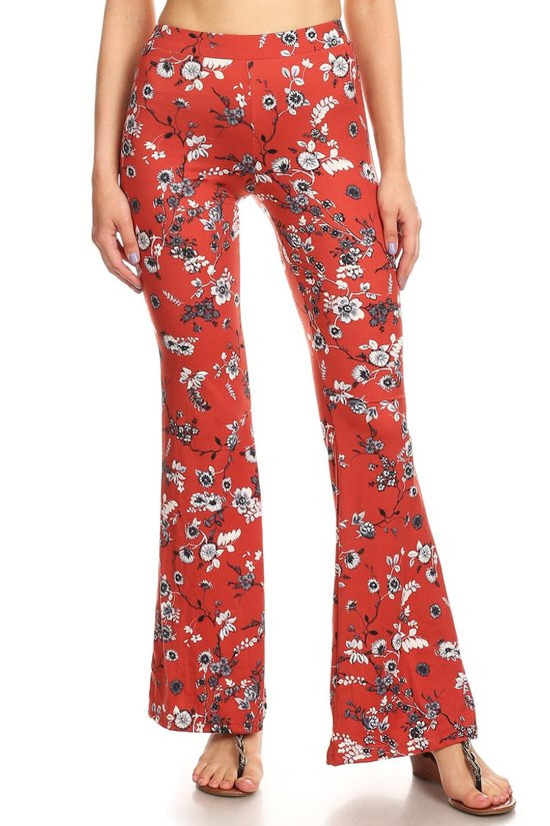 Buttery Soft Red Summer Floral Bell Bottom Leggings