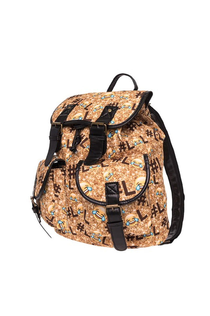 LOL Emoji Sparkle Graphic Print Buckle Flap Backpack