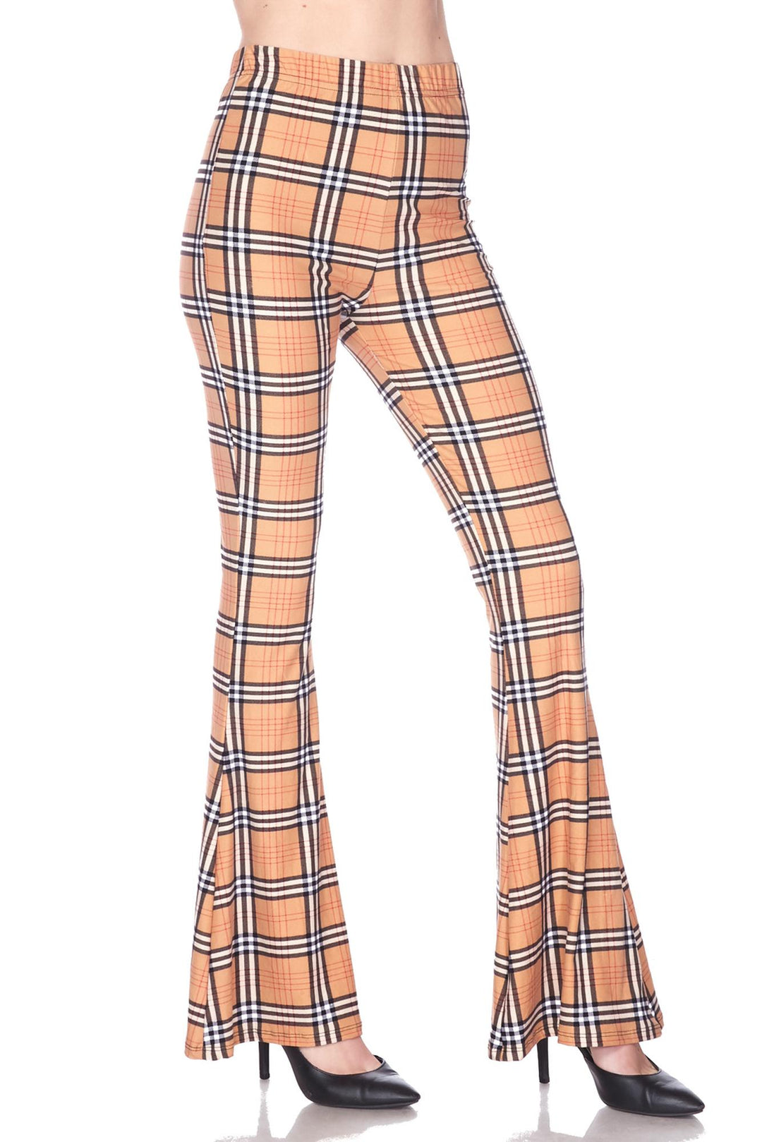Buttery Soft Carmel Plaid Bell Bottom Leggings