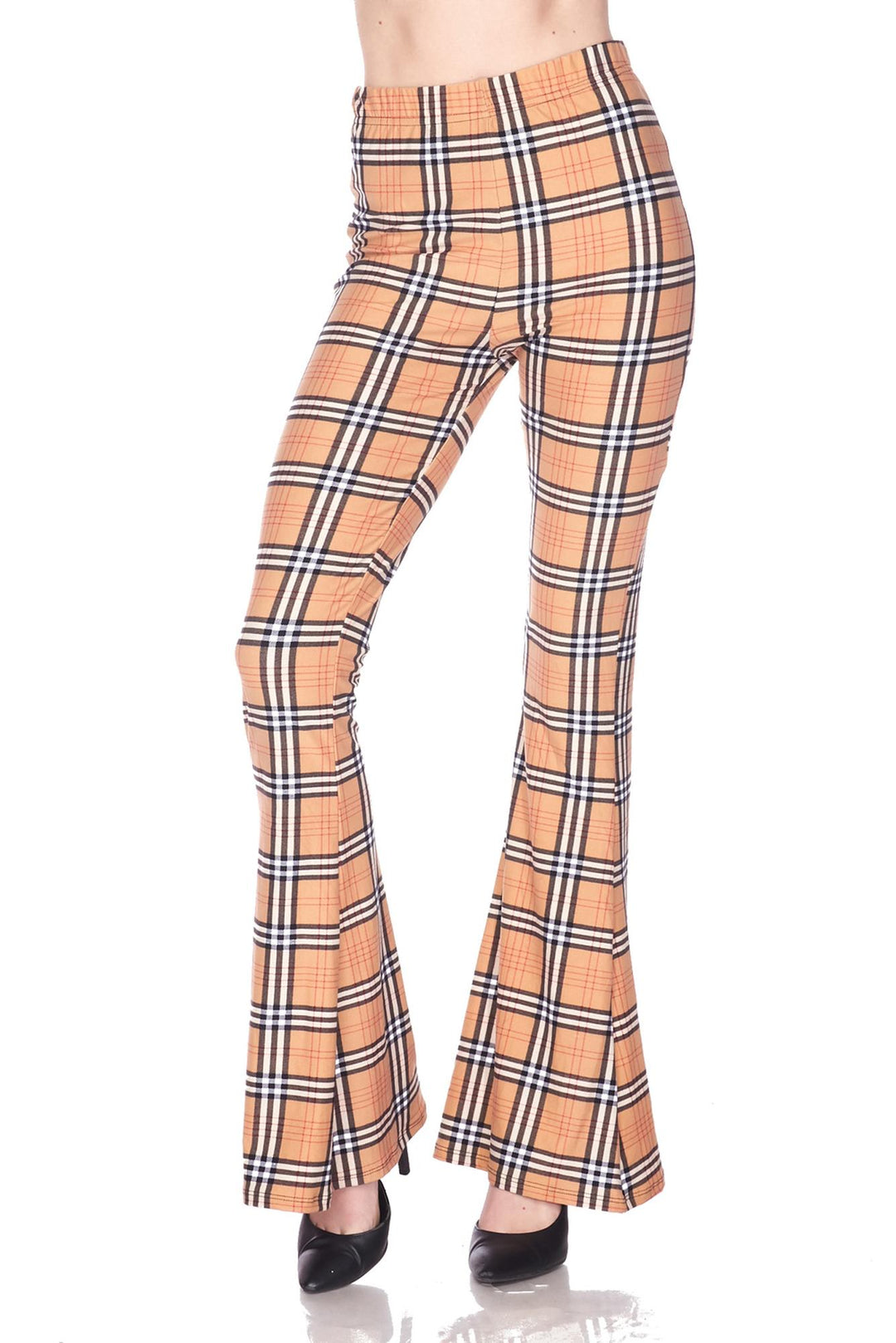 Buttery Soft Carmel Plaid Bell Bottom Leggings