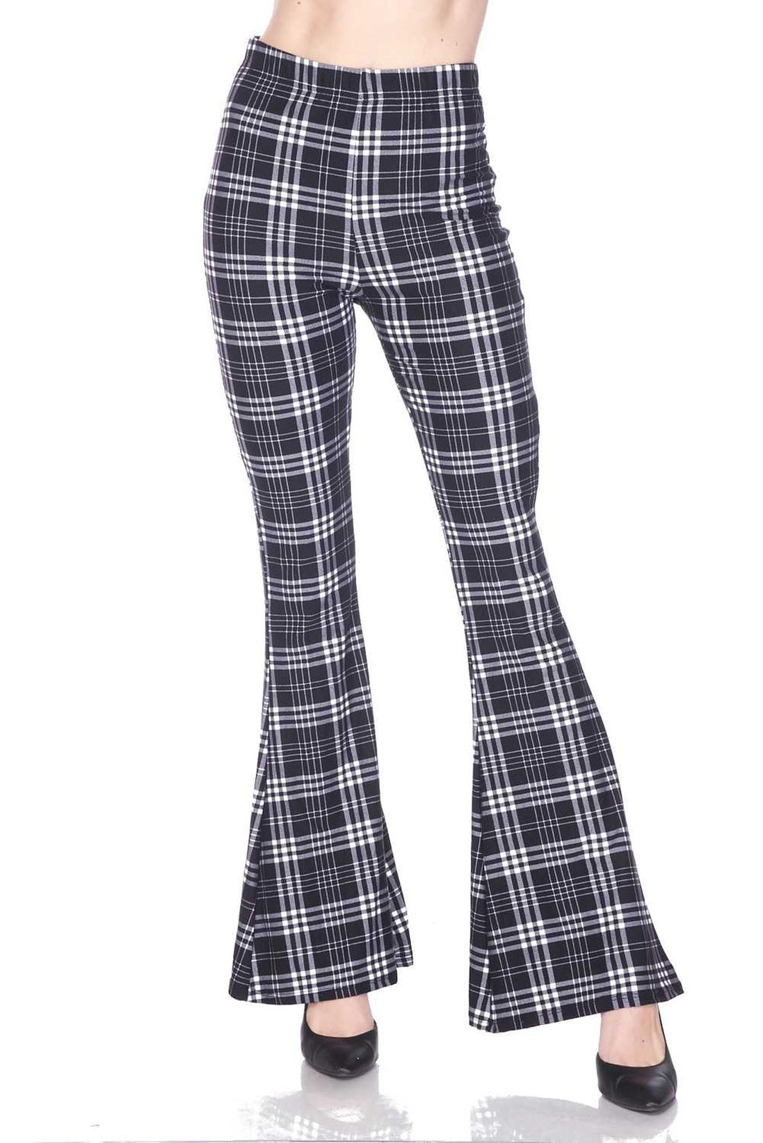 Buttery Smooth Traditional Black and White Plaid Bell Bottom Leggings