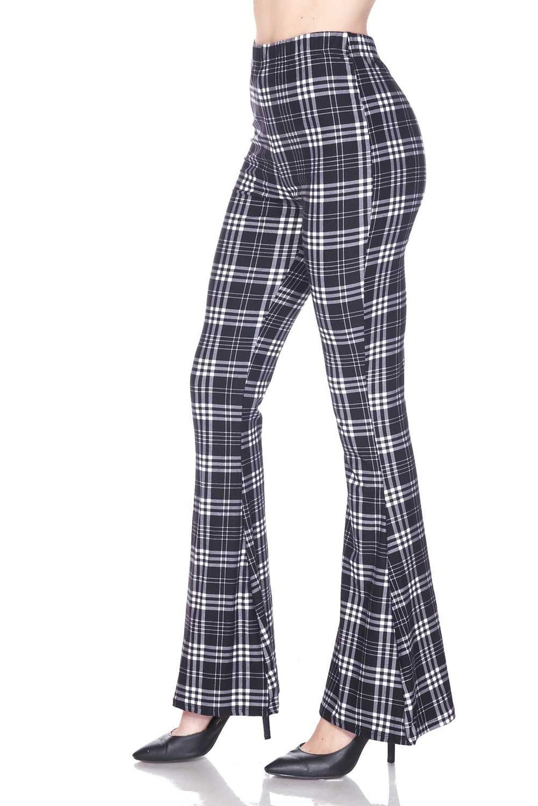 Buttery Smooth Traditional Black and White Plaid Bell Bottom Leggings