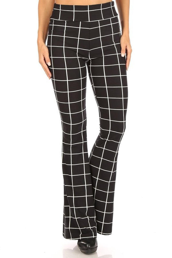 Buttery Soft Black and White Grid Bell Bottom Leggings