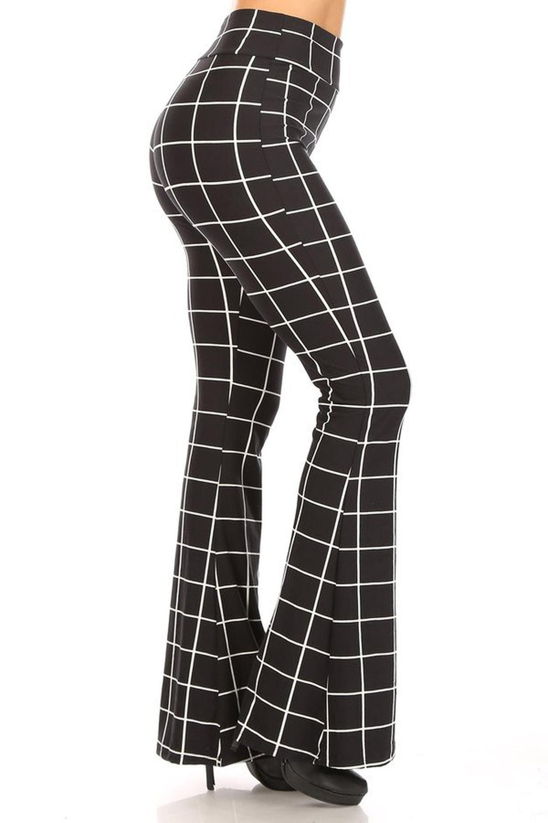 Buttery Soft Black and White Grid Bell Bottom Leggings