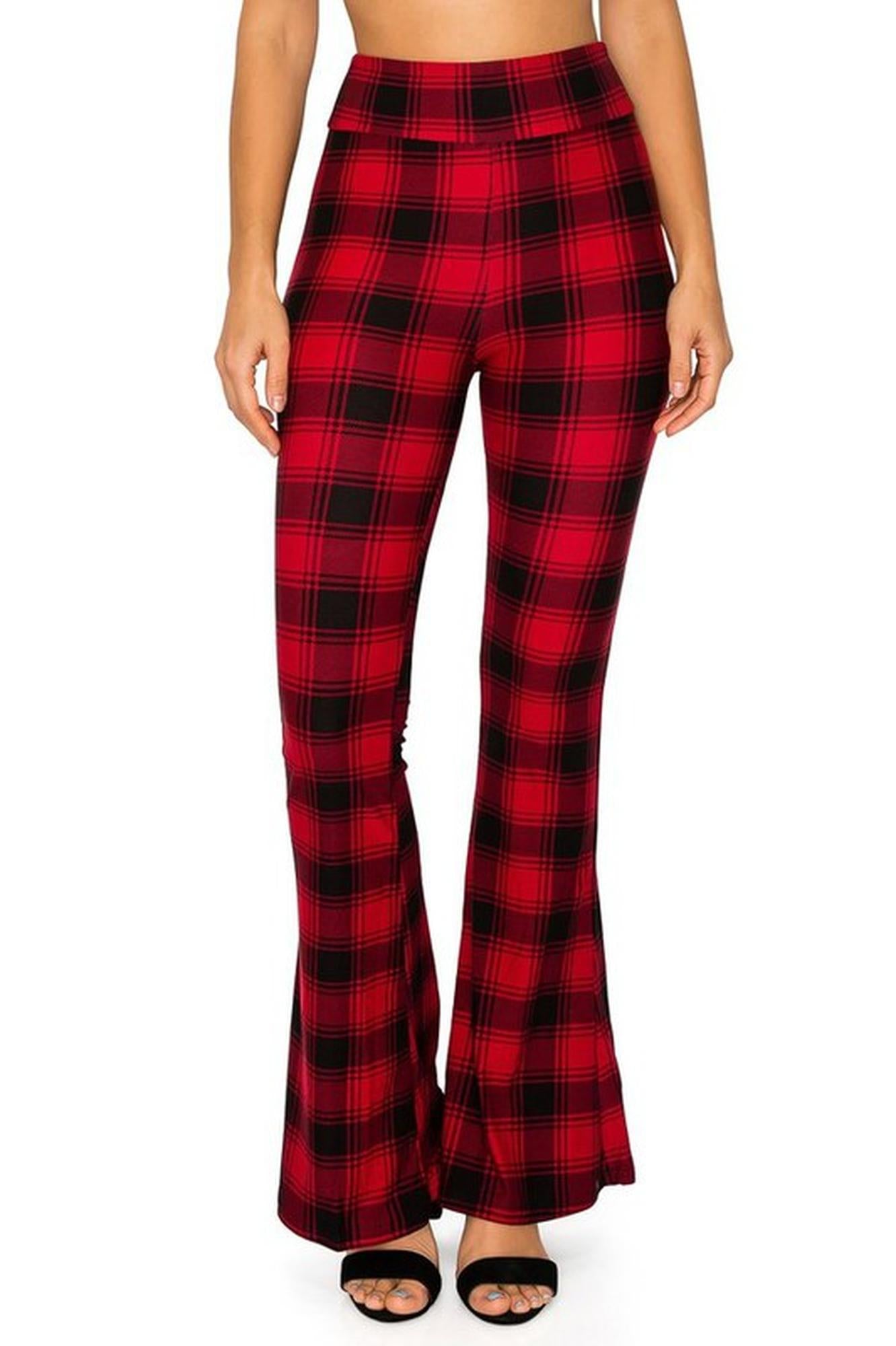 Buttery Soft Red and Black Plaid Bell Bottom Leggings