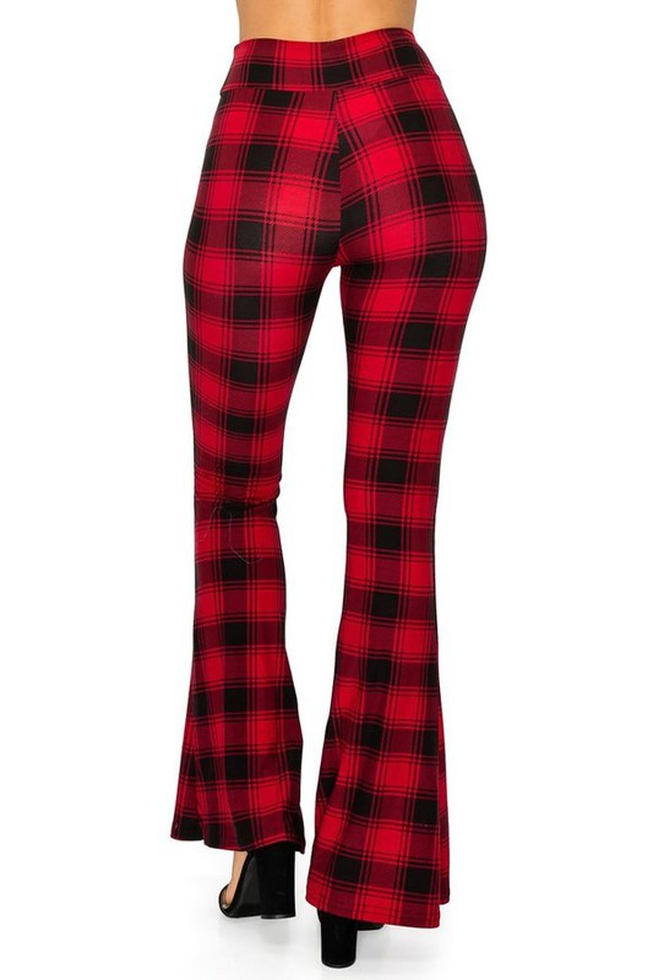 Buttery Soft Red and Black Plaid Bell Bottom Leggings