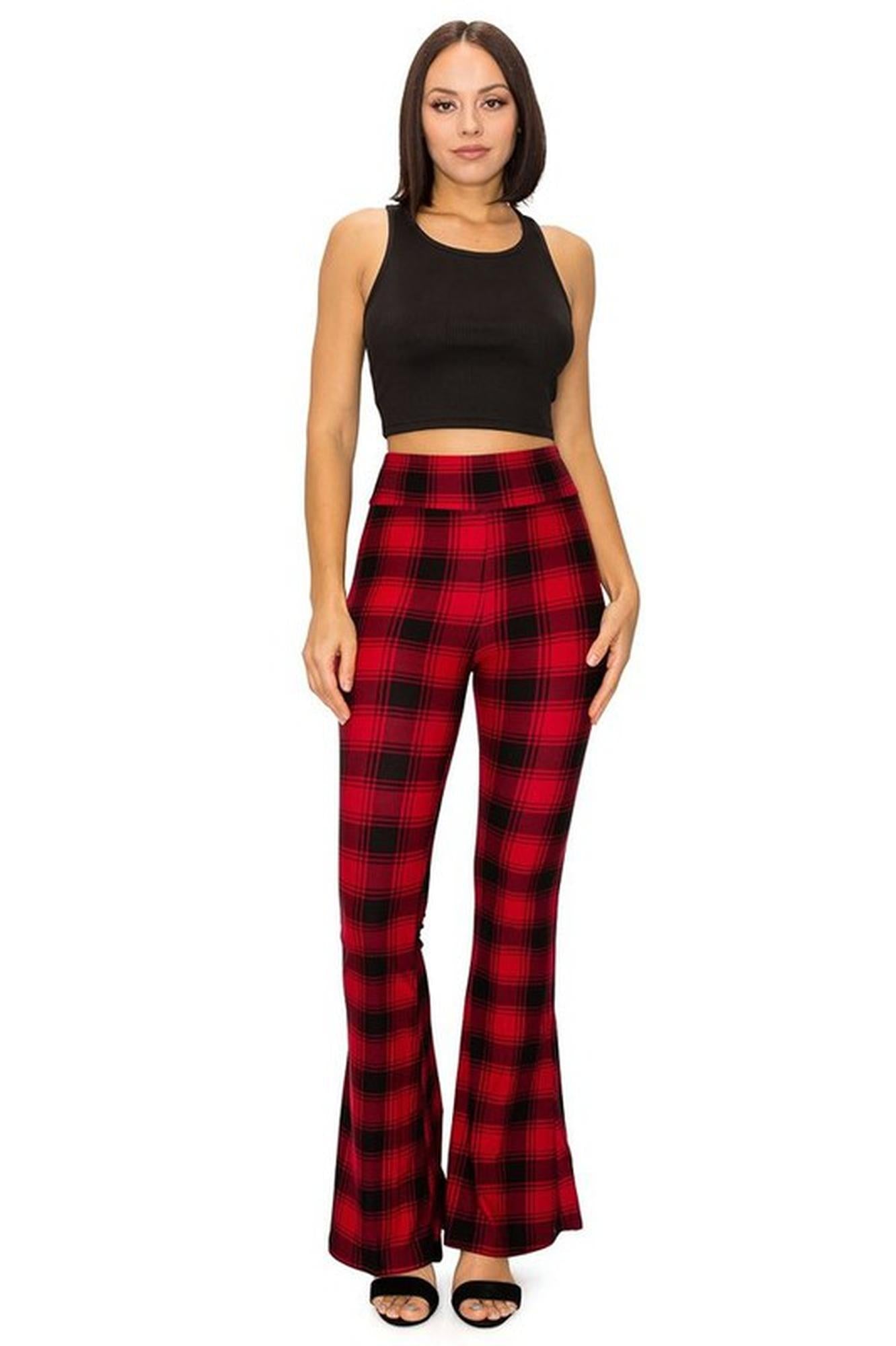 Buttery Soft Red and Black Plaid Bell Bottom Leggings
