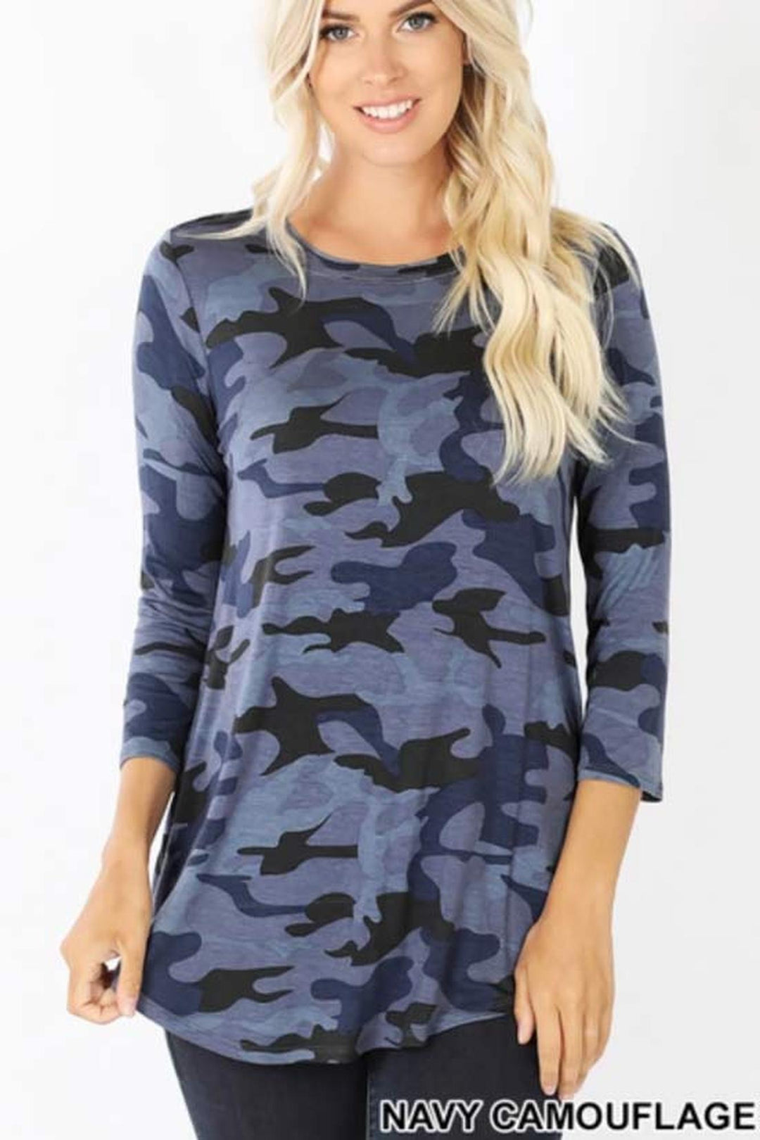 Rayon Camouflage 3/4 Sleeve Round Neck & Hem Top