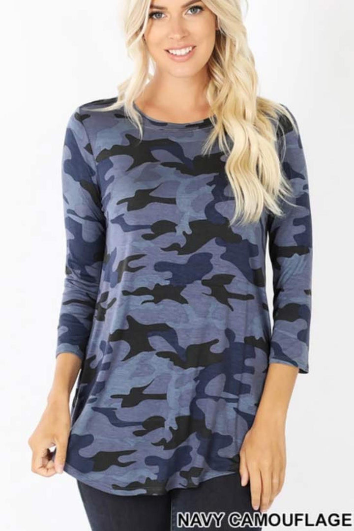 Rayon Camouflage 3/4 Sleeve Round Neck & Hem Top