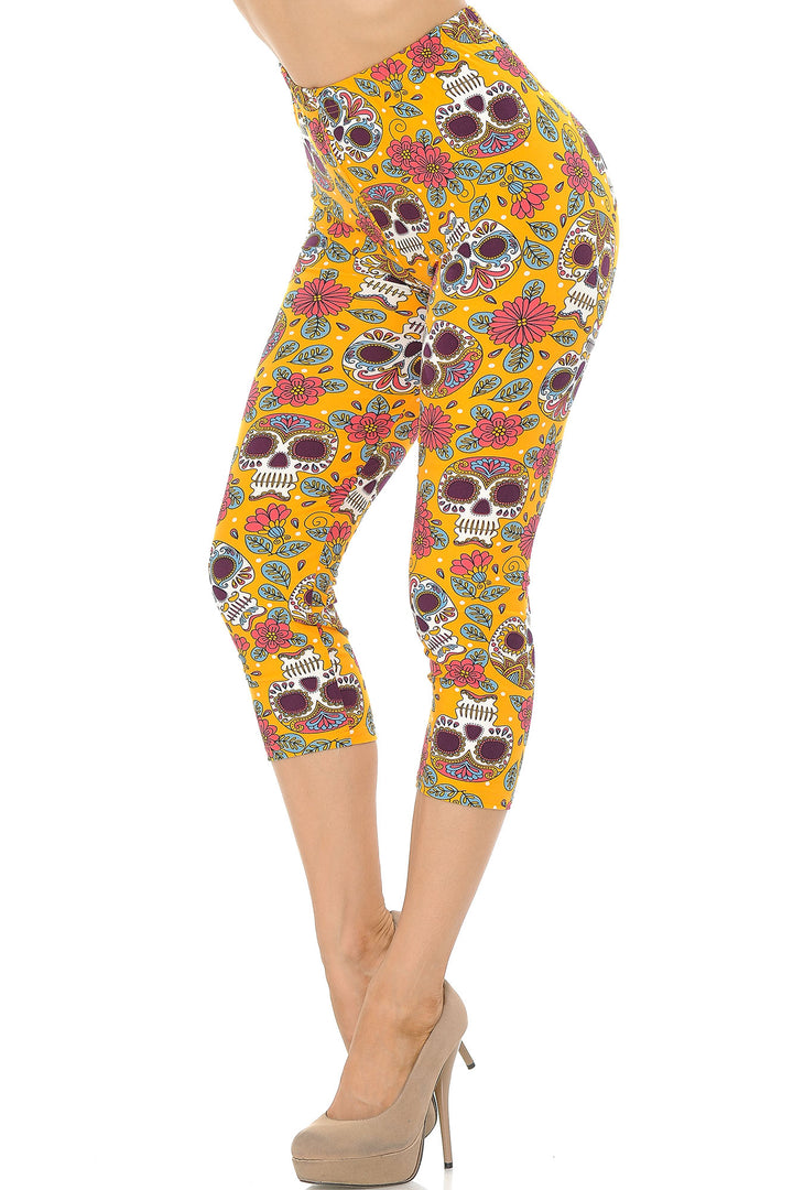 Buttery Smooth Mustard Summer Sugar Skull Capris