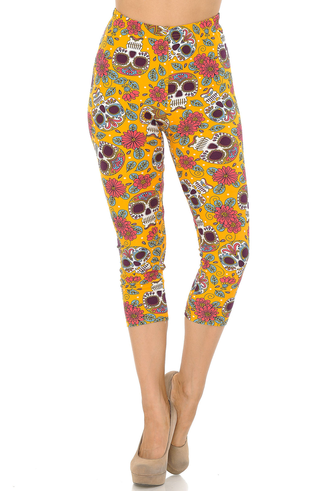 Buttery Smooth Mustard Summer Sugar Skull Capris