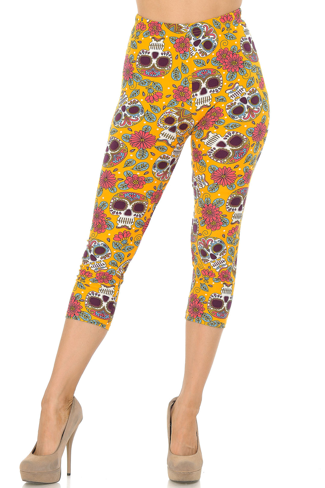 Buttery Smooth Mustard Summer Sugar Skull Capris