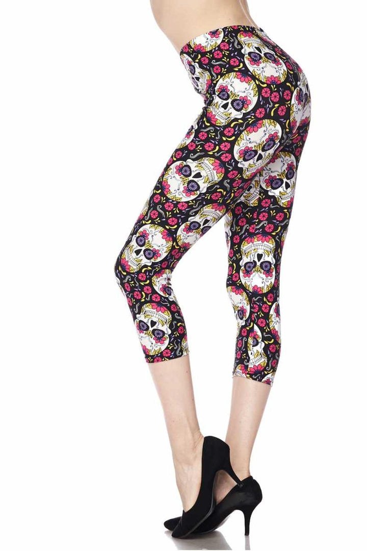 Buttery Smooth Pink Petal Sugar Skull Plus Size Capris