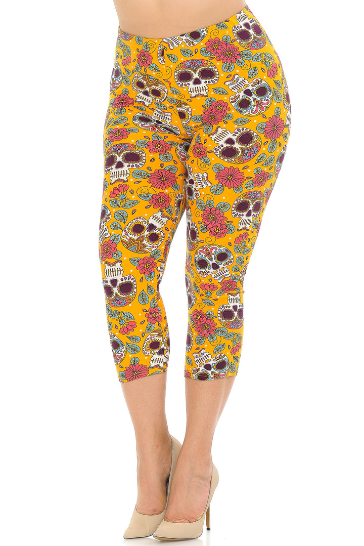 Buttery Smooth Mustard Summer Sugar Skull Plus Size Capris