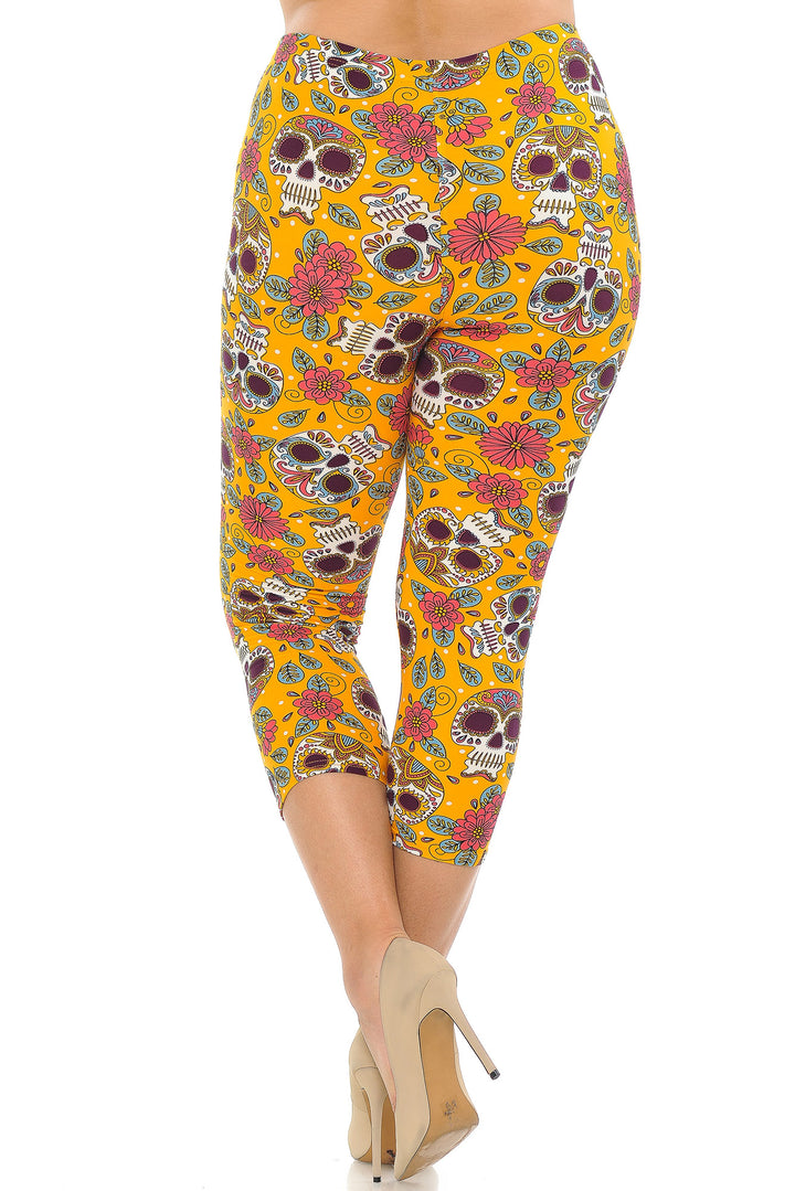 Buttery Smooth Mustard Summer Sugar Skull Plus Size Capris