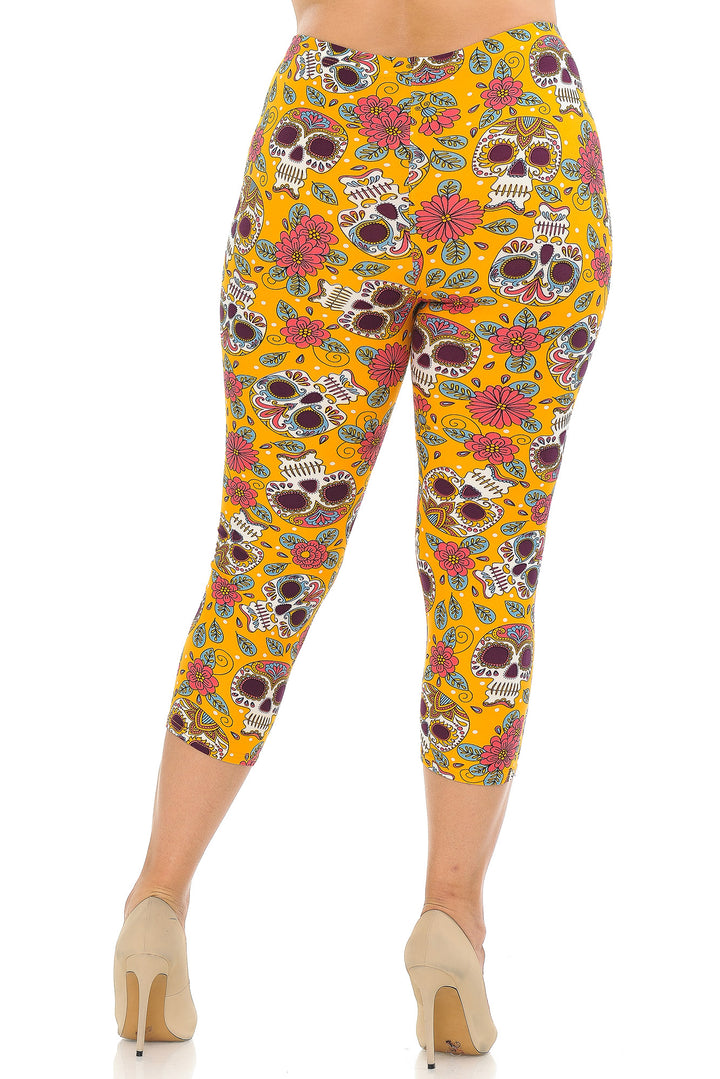 Buttery Smooth Mustard Summer Sugar Skull Plus Size Capris