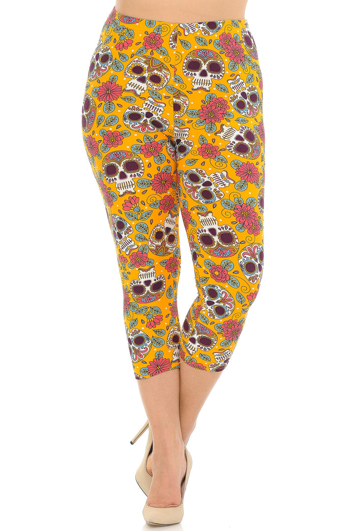 Buttery Smooth Mustard Summer Sugar Skull Plus Size Capris