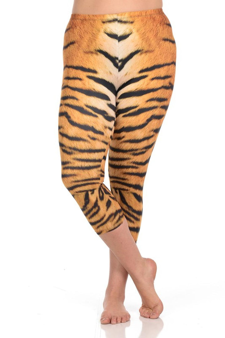 Brushed Graphic Print Tiger Print Plus Size Capris