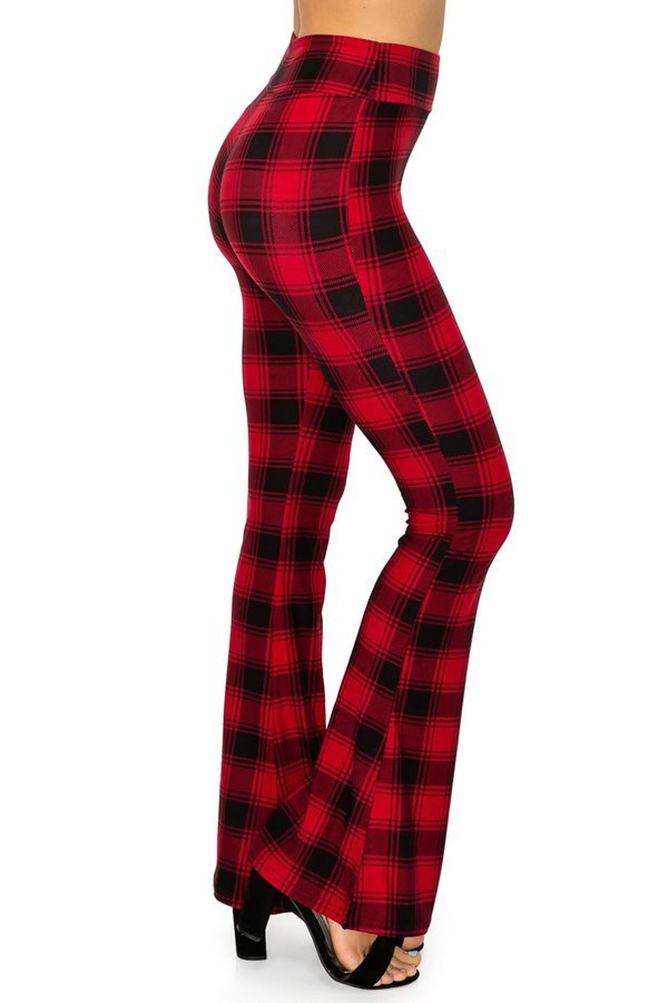 Buttery Soft Red and Black Plaid Bell Bottom Leggings