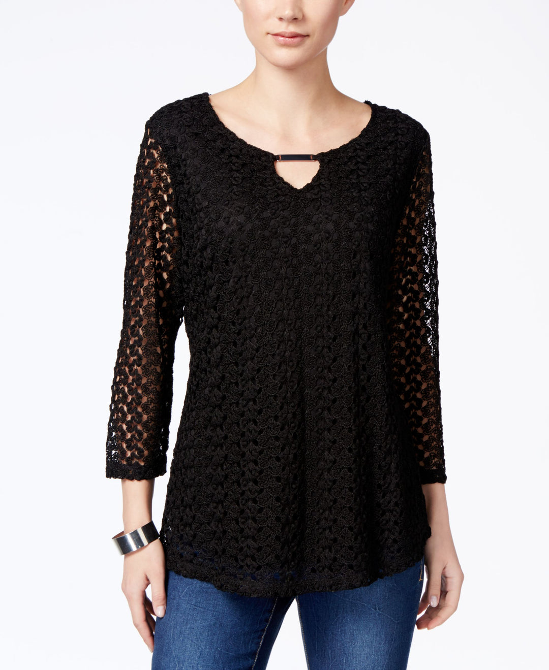 JM Collection Petite Crocheted Keyhole Blouse
