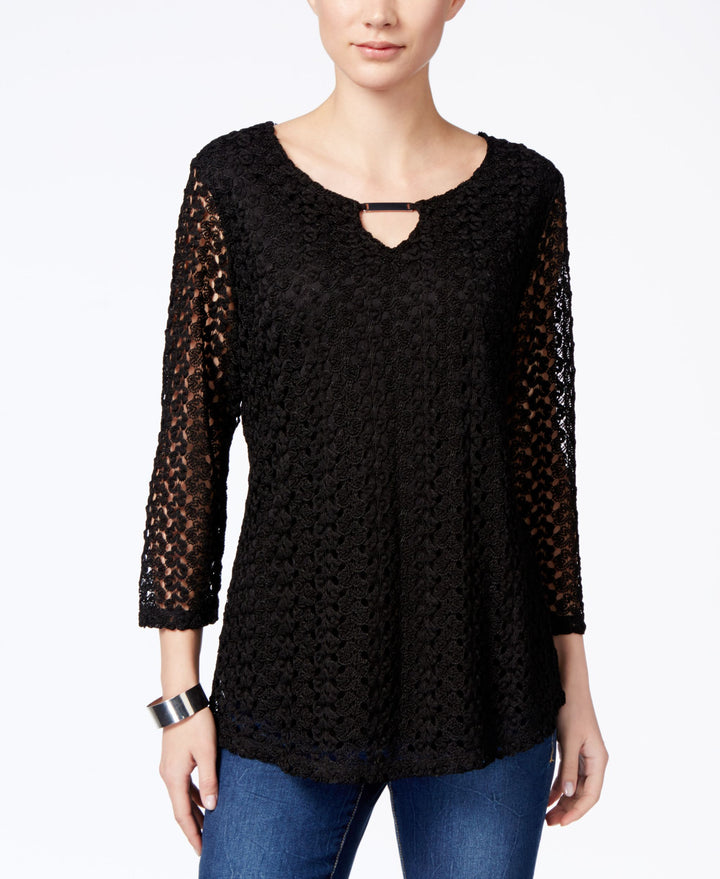 JM Collection Petite Crocheted Keyhole Blouse