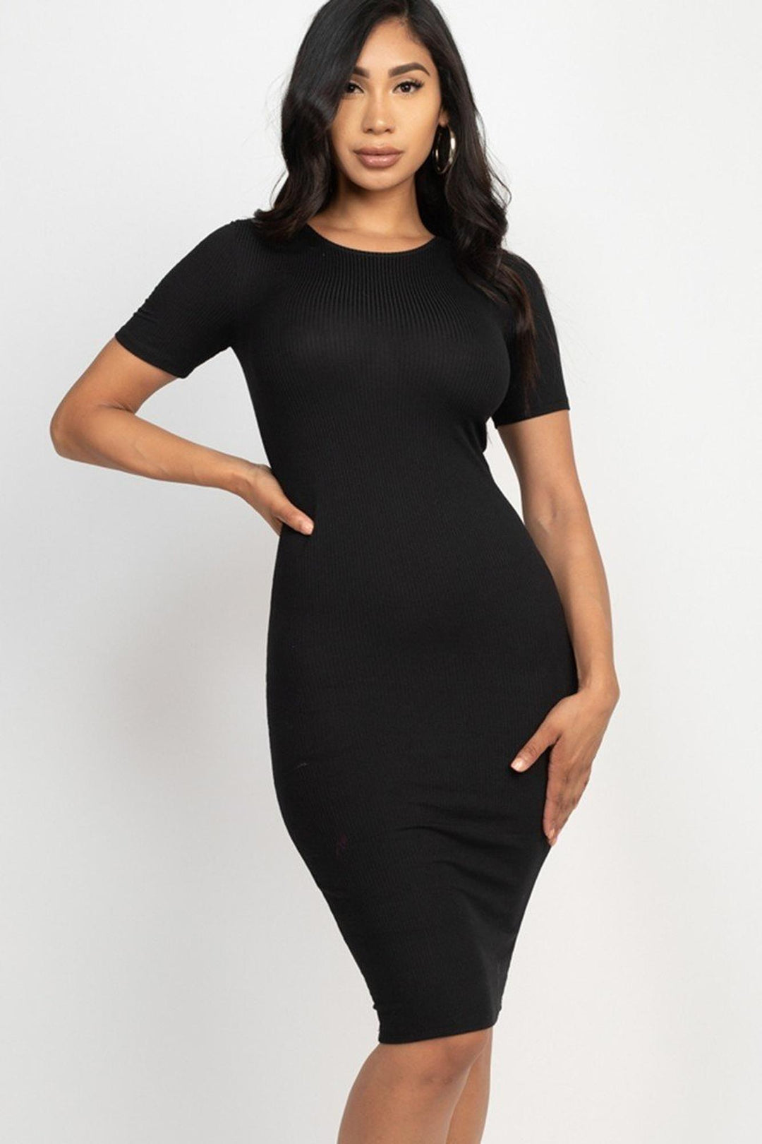 ribbed dress bodycon Short Sleeve Rib Knit Bodycon Midi Dress (Mauve) S