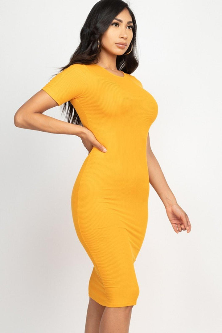 Short Sleeve Rib Knit Bodycon Midi Dress
