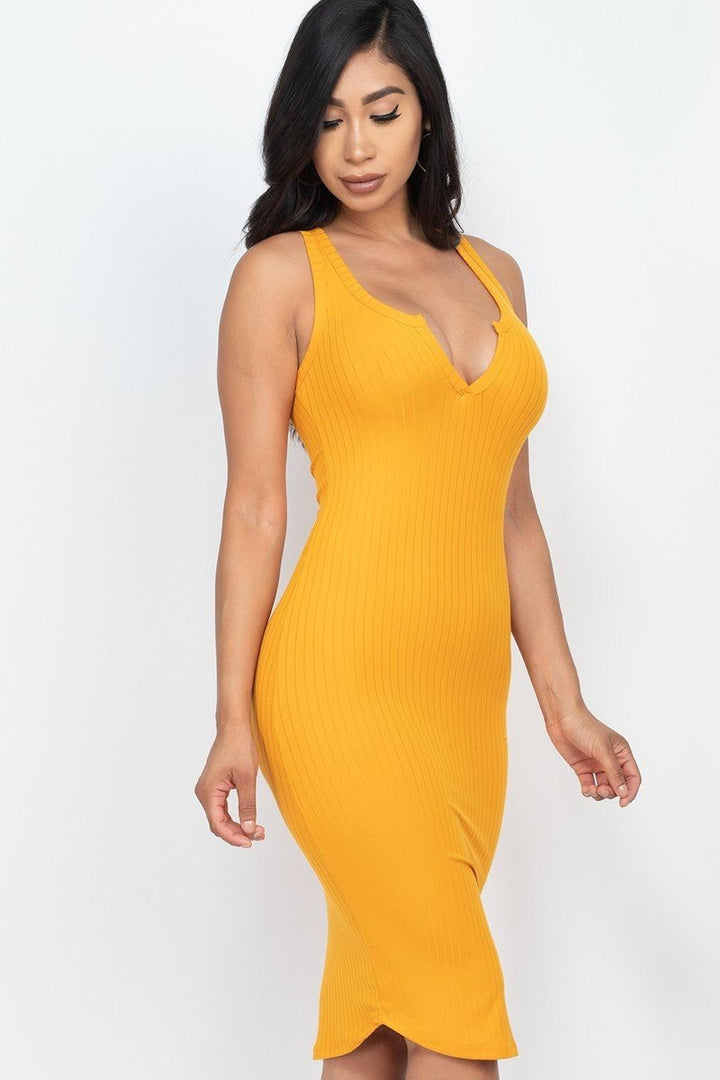 Sleeveless Split V Neckline Rib Knit Bodycon Midi Dress