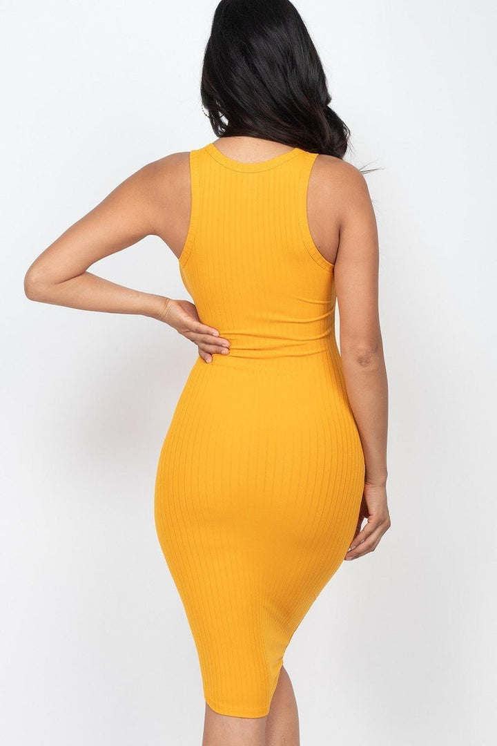 Sleeveless Split V Neckline Rib Knit Bodycon Midi Dress