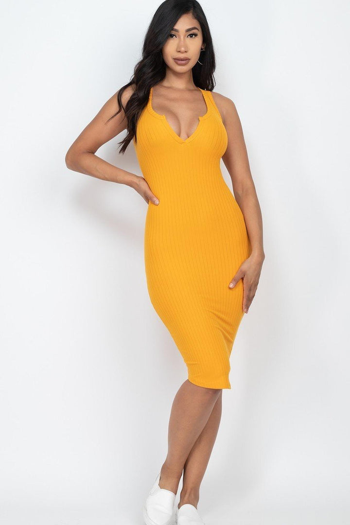 Sleeveless Split V Neckline Rib Knit Bodycon Midi Dress