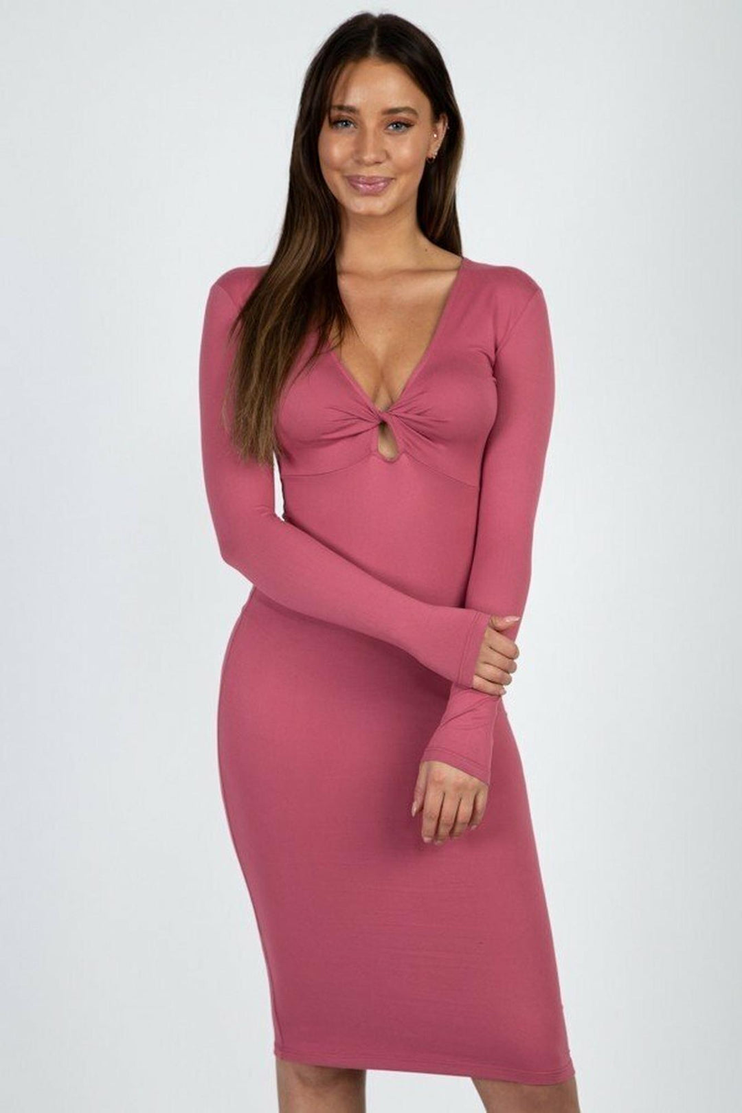 V Neck Keyhole Twist Front Long Sleeve Bodycon Midi Dress