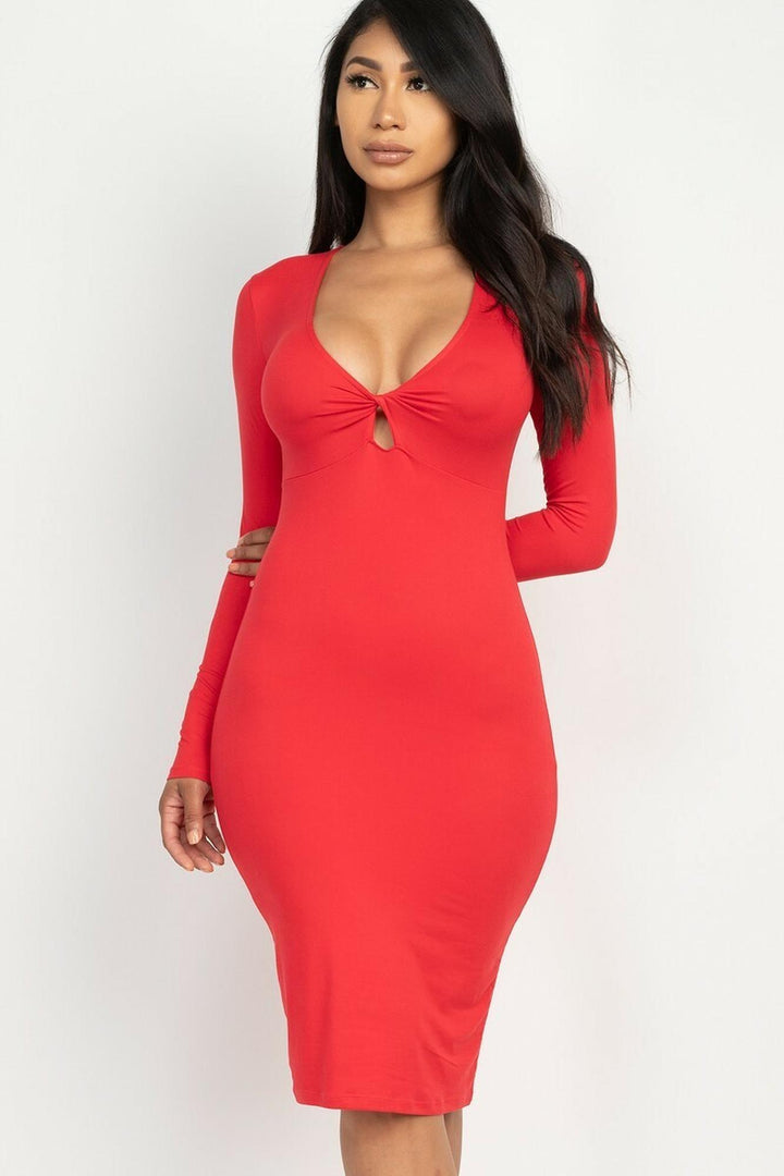 V Neck Keyhole Twist Front Long Sleeve Bodycon Midi Dress