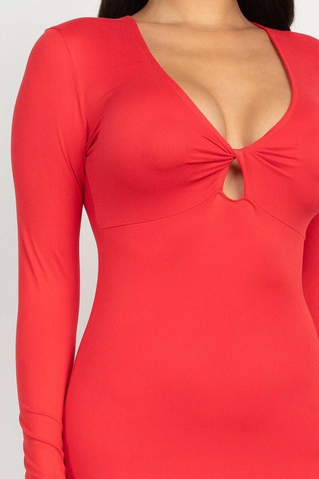 V Neck Keyhole Twist Front Long Sleeve Bodycon Midi Dress
