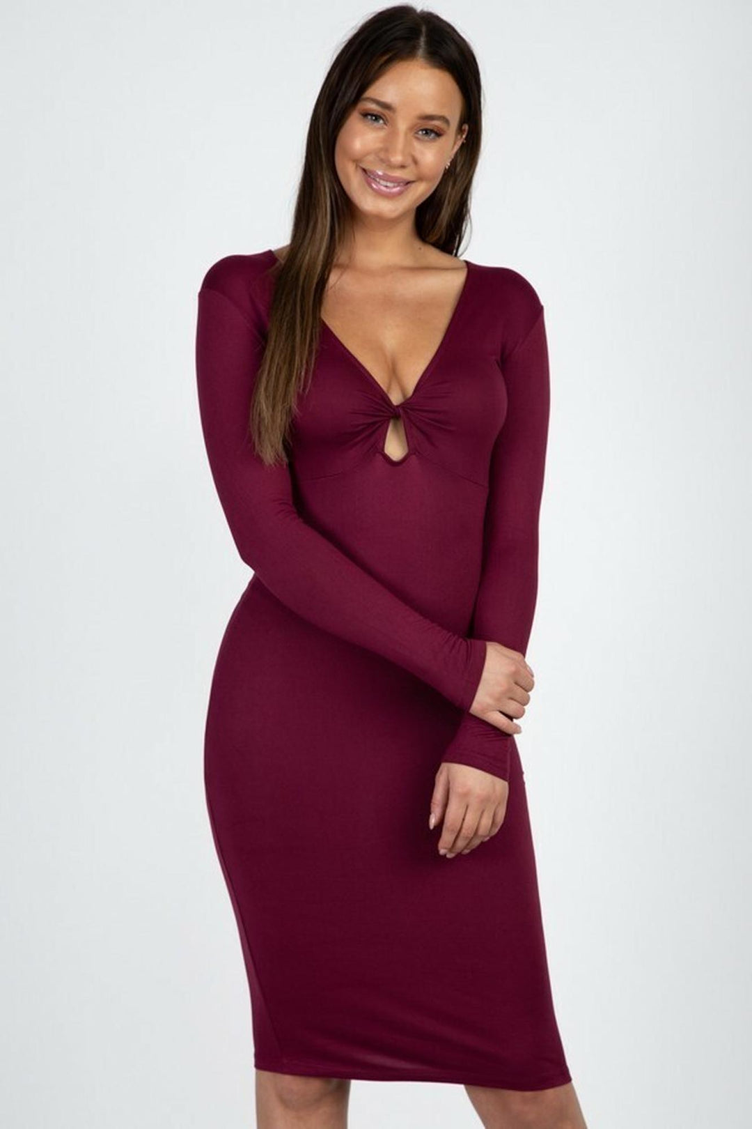 V Neck Keyhole Twist Front Long Sleeve Bodycon Midi Dress