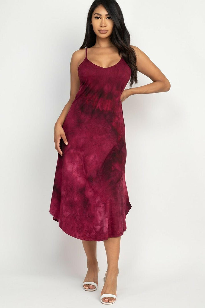 Acid Wash Tie Dye Spaghetti Strap V-Neck Midi Dress