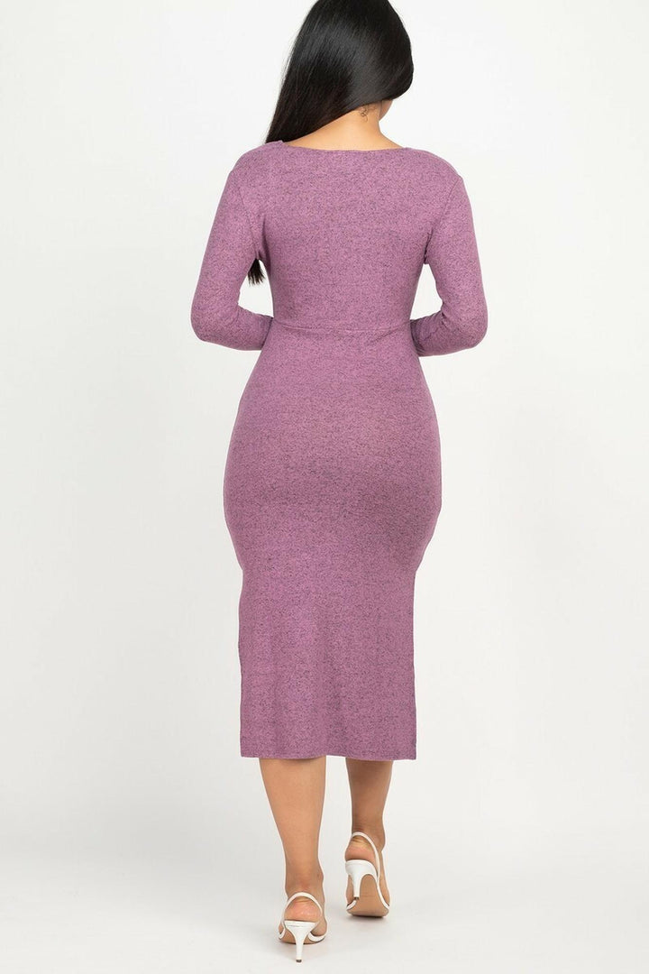 Long Sleeve V-Neck Brushed Knit Double Side Slit Midi Dress