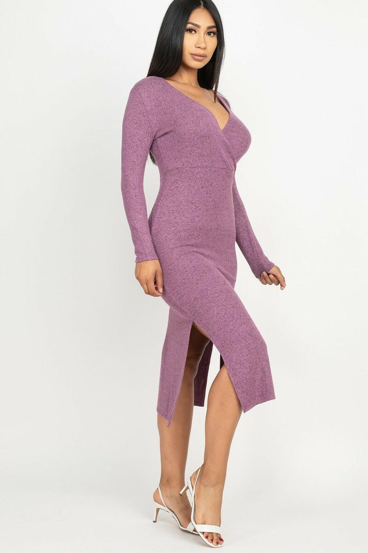Long Sleeve V-Neck Brushed Knit Double Side Slit Midi Dress